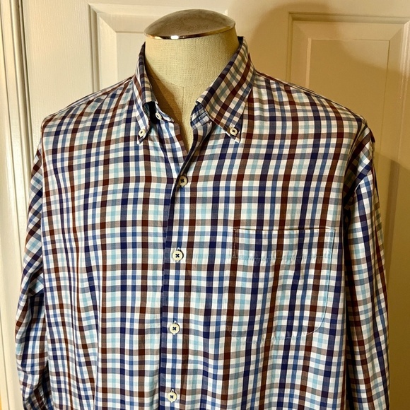 EUC Robert Graham Crown Blue White Brown Check Plaid Button Down Shirt Size XL - Picture 2 of 3